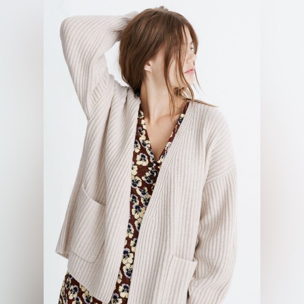 Madewell Cream Wool Blend Open Front Ribbed Redford Cardigan Sweater